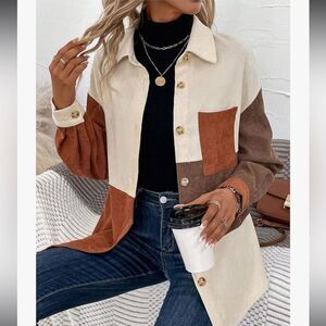 Shein Colorblock Corduroy Top Button Down Drop Shoulder  1XL